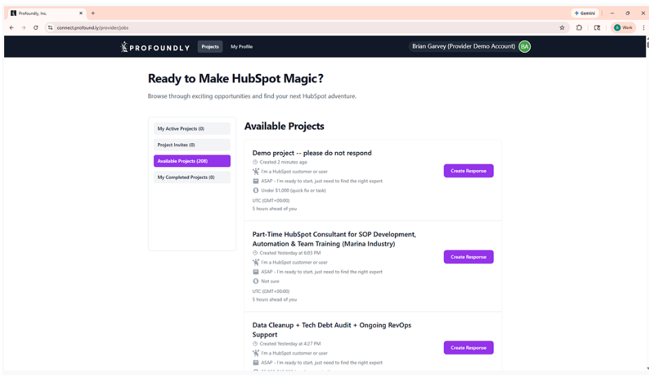 Profoundly dashboard with available projects