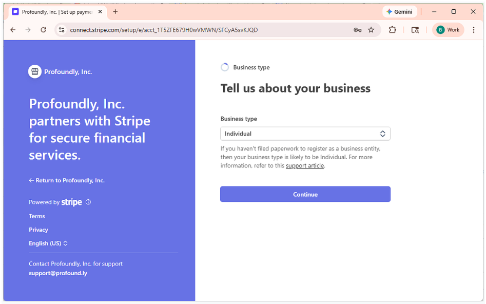 Stripe account setup step 1