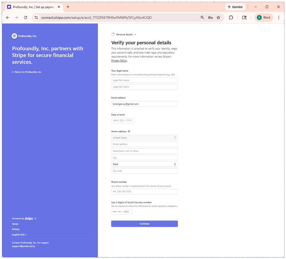 Stripe account setup step 2