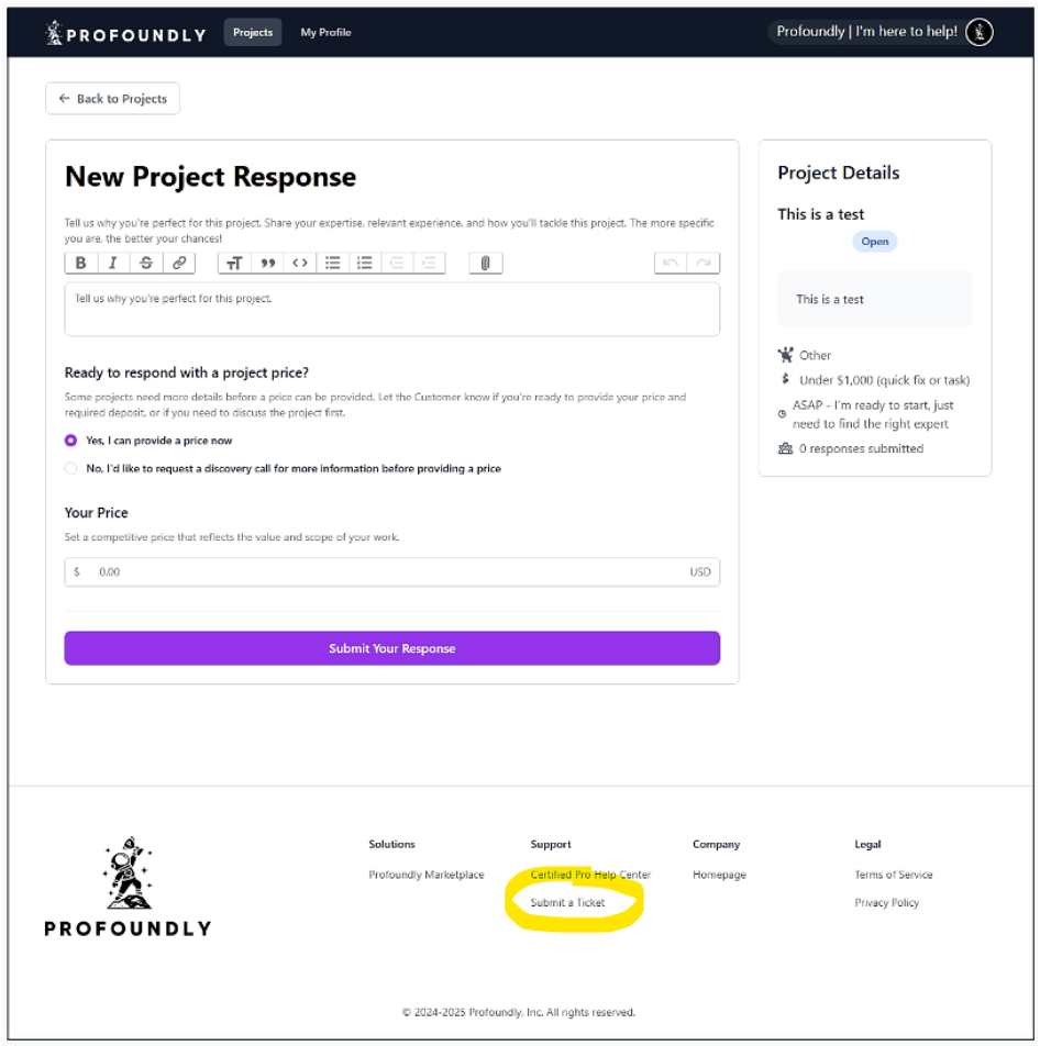 Profoundly support footer showing Submit a Ticket link
