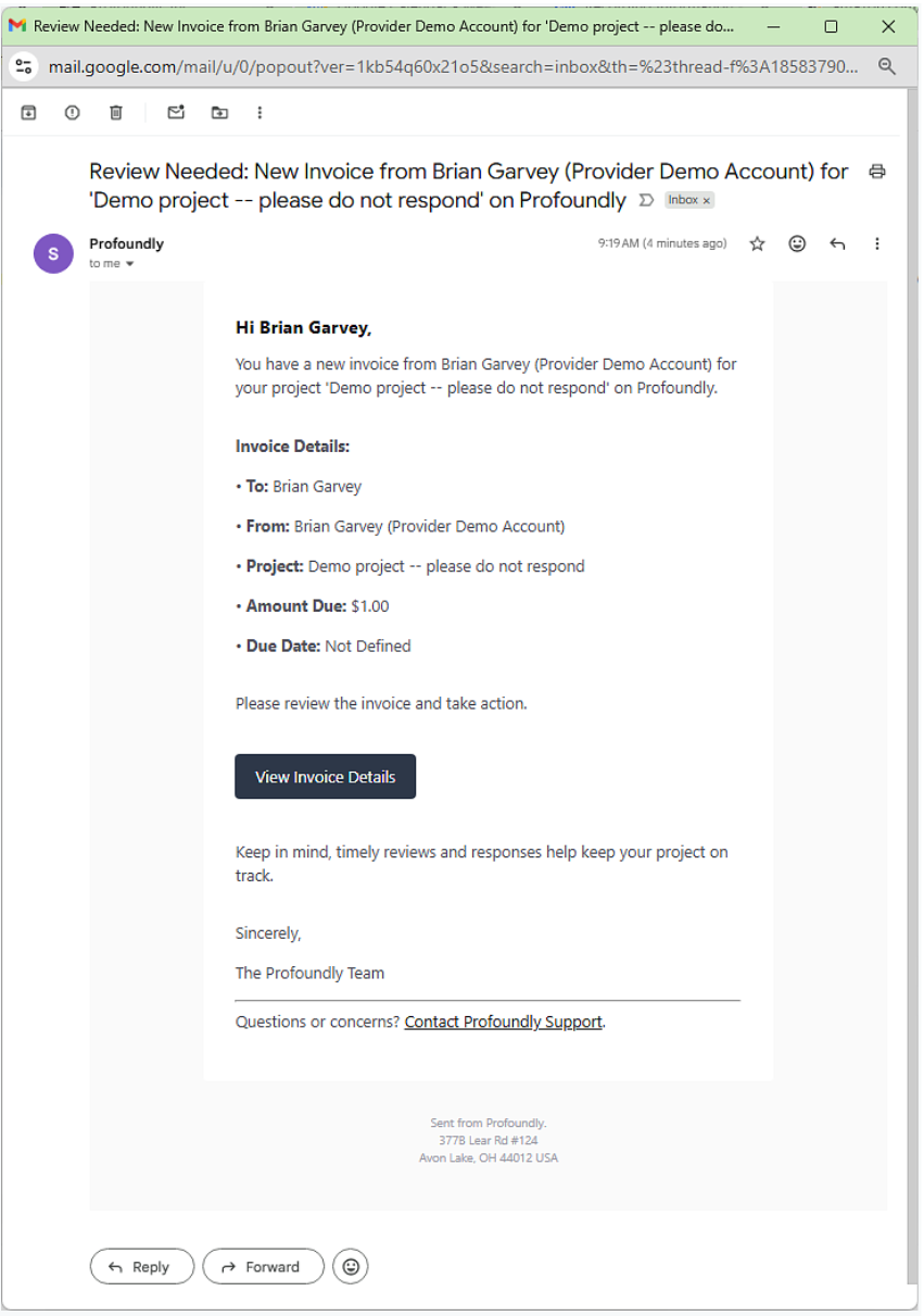 Invoice sent to customer